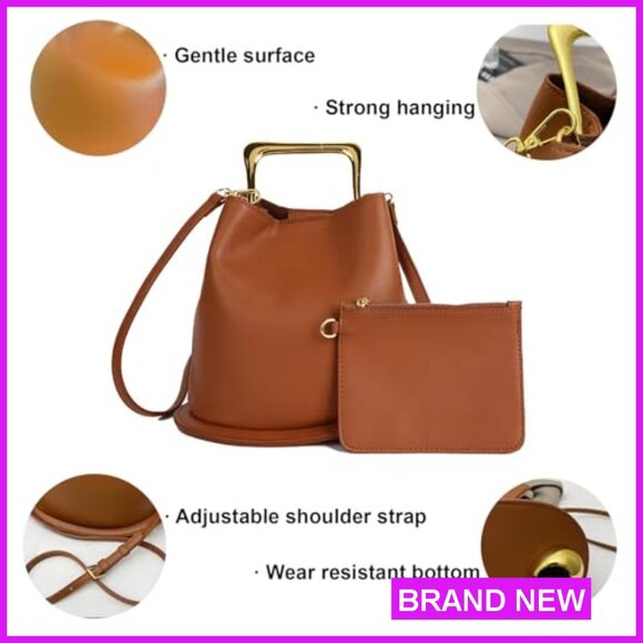 PU Leather Bucket Bag Crossbody Shoulder Purse Top Handle Elegant Chic - Picture 6 of 6